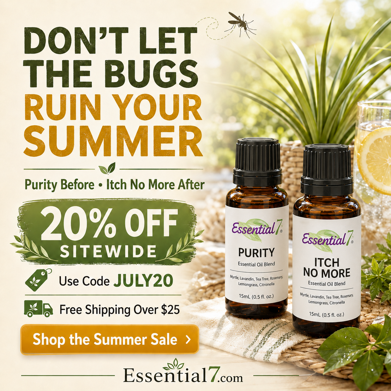 Essential7 Purity and Itch No More essential oil blends beside summer greenery, promoting 20% off sitewide with code JULY20.